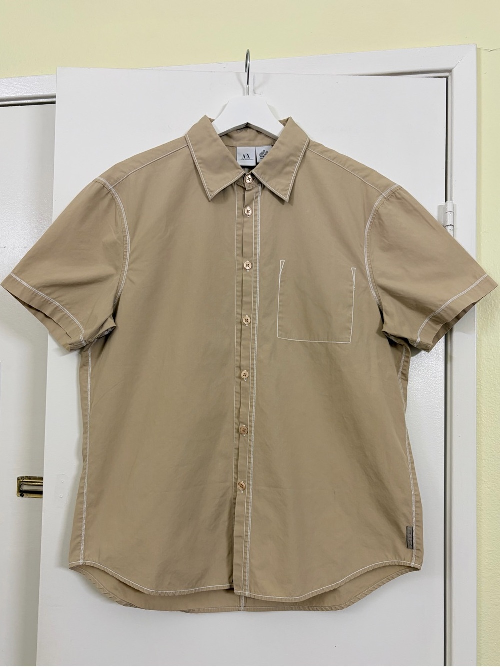 Armani Exchange AX Cotton Beige Contrast Stitch Button Up Shirt Minimalist Y2K M